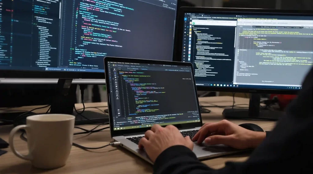 A person is typing on a laptop displaying code, surrounded by two monitors showcasing AI visualization tools. A cup sits on the desk.