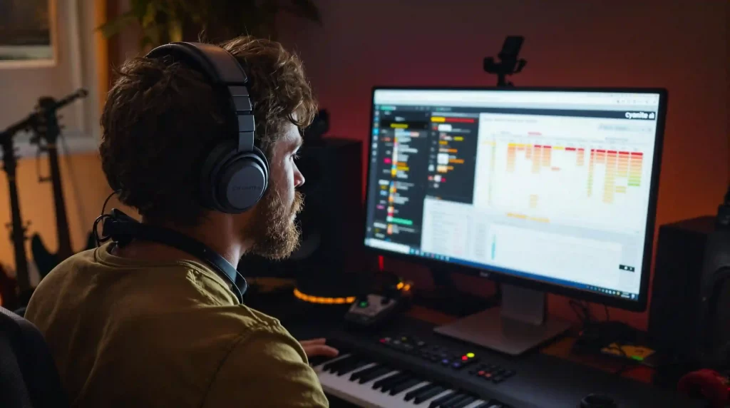 In a dimly lit room, a person wearing headphones is deeply engrossed in music production software at their desktop, seamlessly integrating AI visualization tools with the keyboard to enhance their creative process.