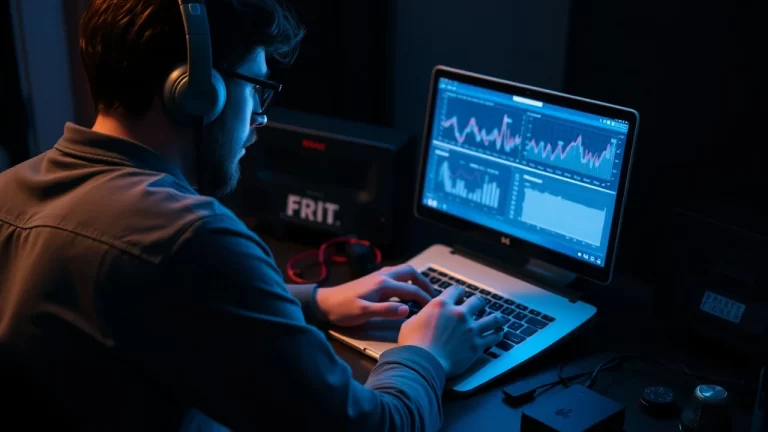 In a dimly lit room, a person wearing headphones works on a laptop displaying graphs and charts, exploring the power of AI in music marketing.