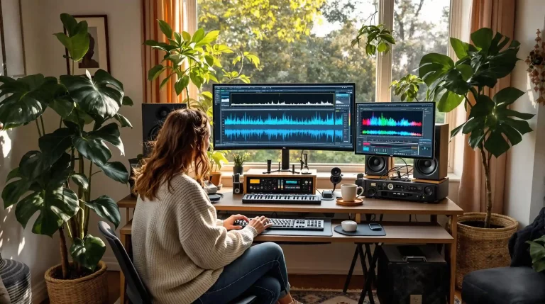 In a home music studio, a person seamlessly integrates AI visualization tools with audio editing software on dual monitors, surrounded by lush plants and cutting-edge audio equipment, all set against the calming backdrop of a window view.