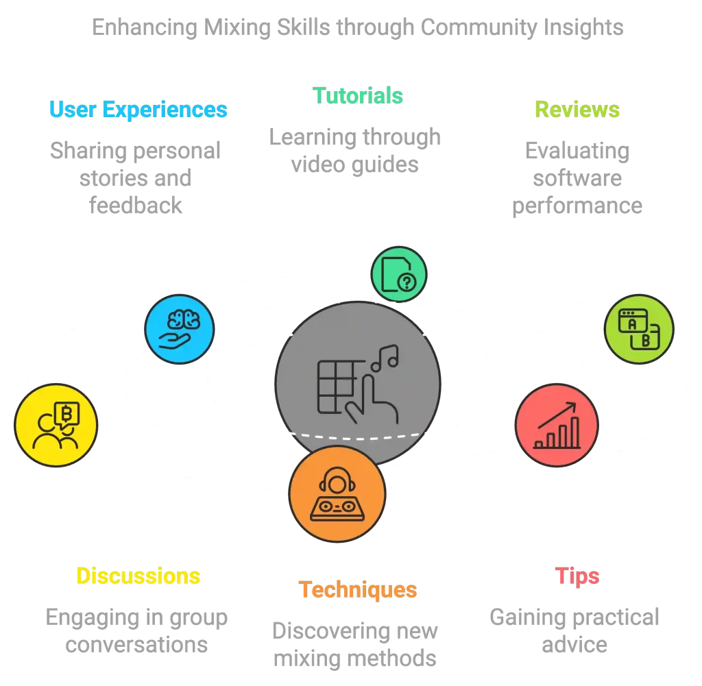 Diagram illustrating skill enhancement themes: User Experiences, Tutorials, Reviews, Discussions, Techniques, and Tips, seamlessly integrated with Automated Mixing Software concepts; each represented by distinct icons and text within orbital paths.