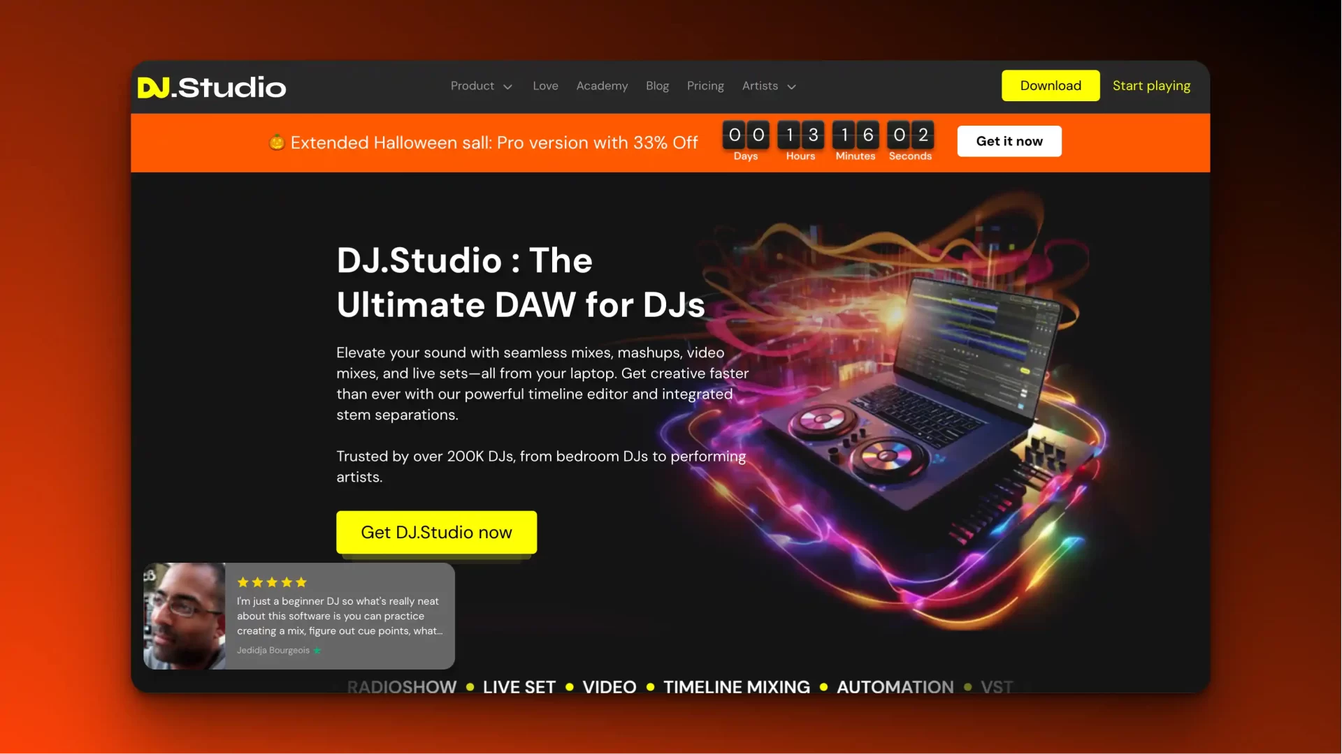 The DJ.Studio website showcases a DAW software offer, featuring a vibrant graphic of a laptop and DJ equipment. A Halloween sale countdown adds urgency, while customer rating reviews highlight the value. Visit DJ Studio for an unbeatable deal this spooky season!