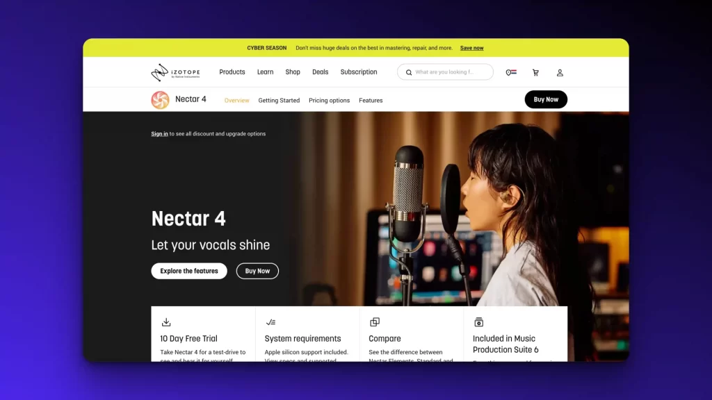 A person is speaking into a microphone in a recording studio, showcasing the dynamic capabilities of iZotope Nectar software. The webpage invites you to explore features like advanced vocal processing plugins, view pricing options, and start your free trial today.