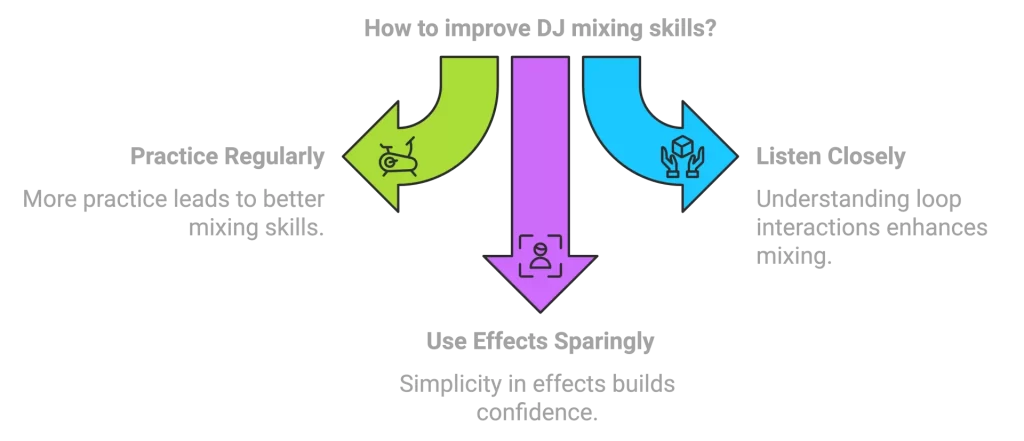 Diagram on DJ mixing skills improvement in the DJ Studio: Practice Regularly, Listen Closely, and Use Effects Sparingly, with brief explanations under each heading.