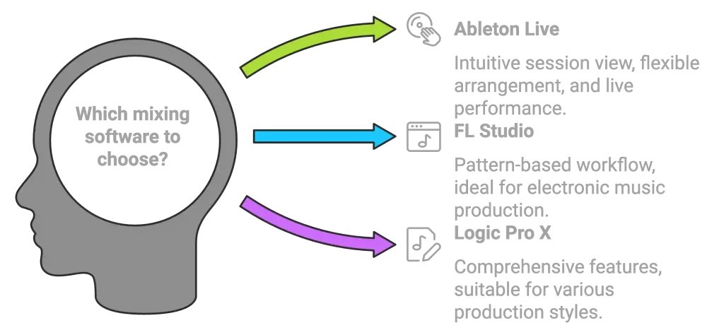 Silhouette of a head with arrows leading to text about three automated mixing software options: Ableton Live, FL Studio, and Logic Pro X, each offering unique features for seamless music production.