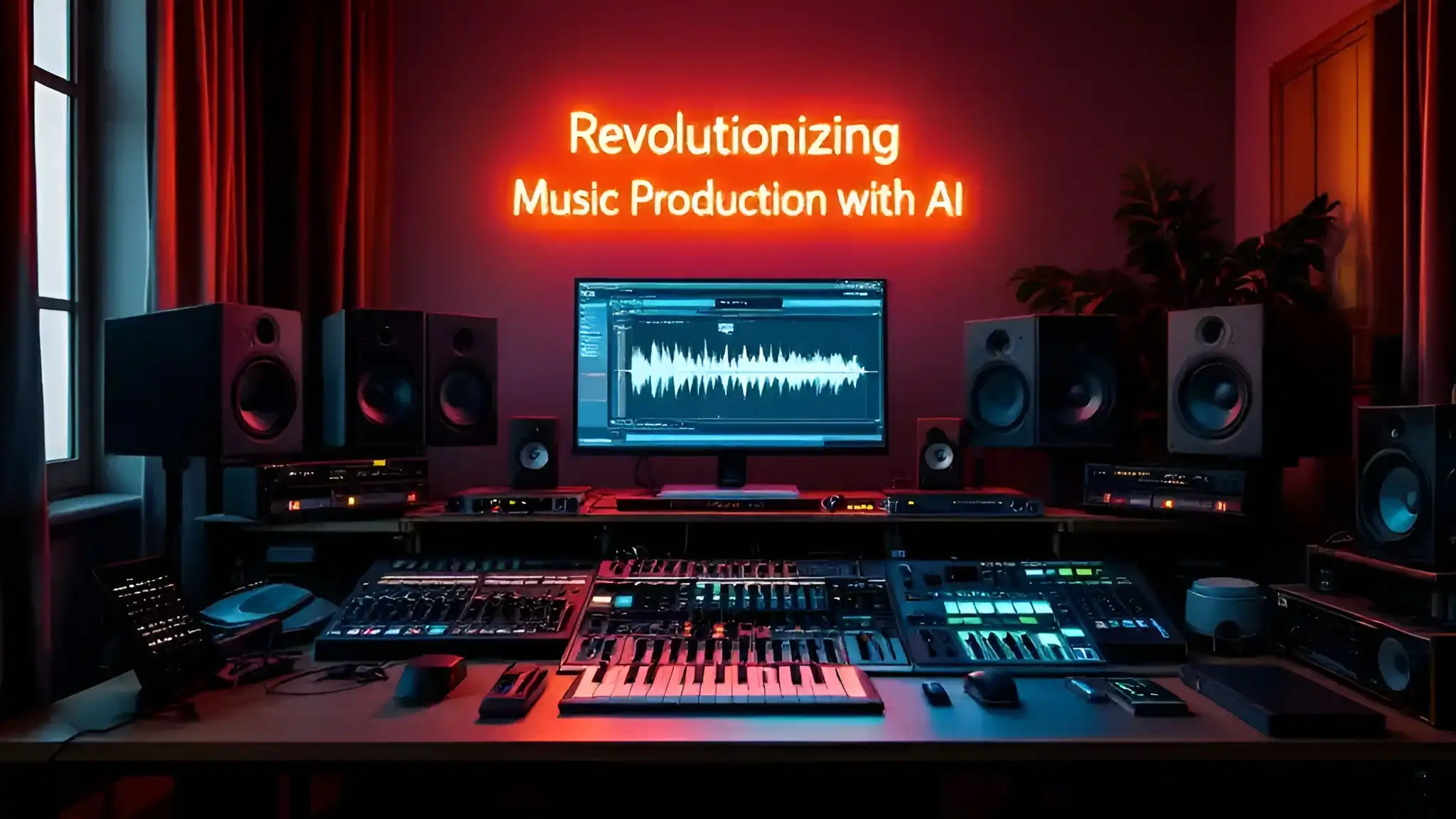 A music studio setup with various keyboards, speakers, and a computer screen displaying audio waveforms. Neon sign reads "Revolutionizing Music Production with AI and Automated Mixing Software.