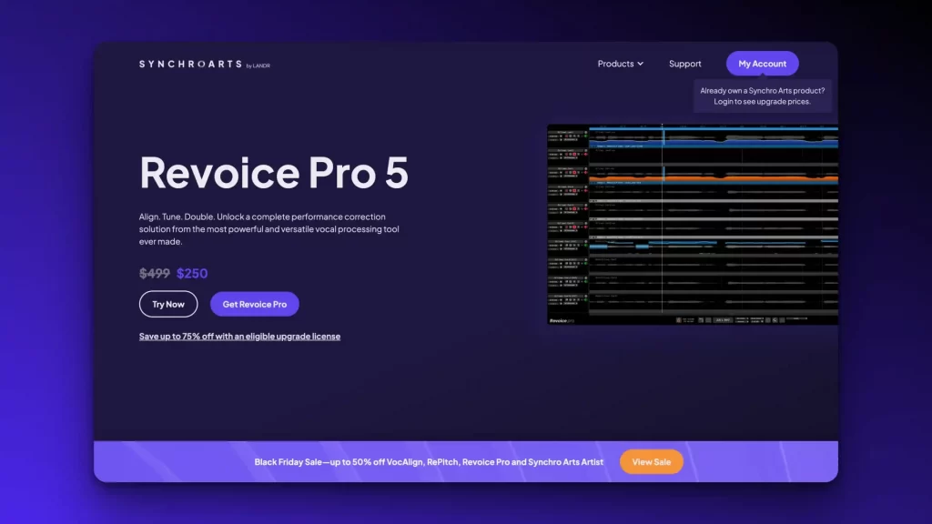 Screenshot of Synchro Arts Revoice Pro 5 webpage showcasing its powerful vocal processing plugins interface, alongside purchase options and a promotional banner for the Black Friday sale.