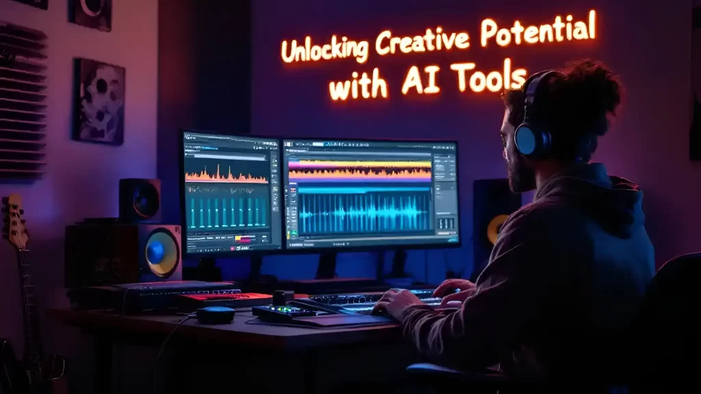 A person wearing headphones sits at a computer desk with dual monitors displaying audio editing software and automated mixing software. A neon sign on the wall reads, "Unlocking Creative Potential with AI Tools.