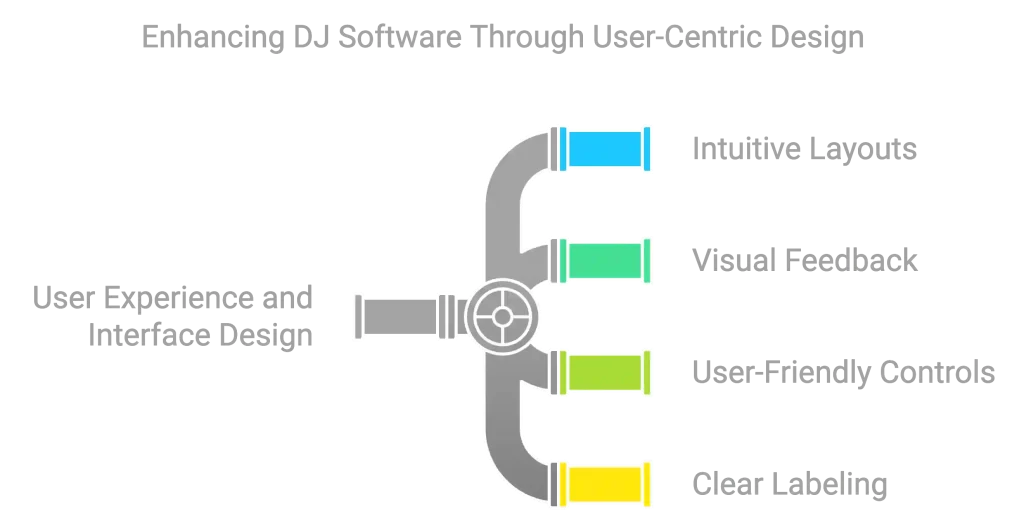 Diagram illustrating user-centric design in DJ software with four pipes labeled as Intuitive Layouts, Visual Feedback, User-Friendly Controls, and Clear Labeling, seamlessly integrating Automated Mixing Software for an enhanced experience.