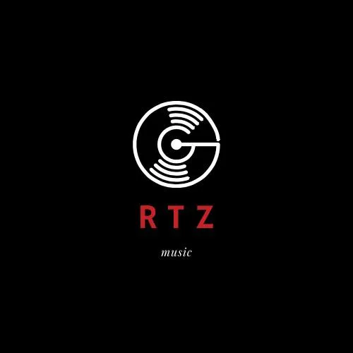 The DJ RTZ Music logo showcases a white stylized vinyl record design against a sleek black background, with "RTZ" in bold red and "music" in crisp white.