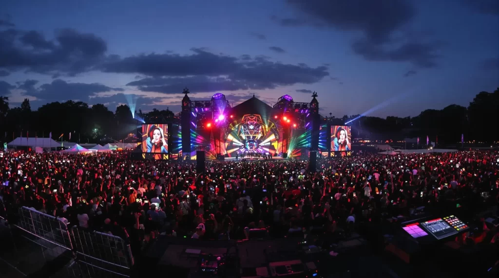 A large crowd attends an outdoor music festival in the evening. The stage is brightly lit with colorful lights and two large screens displaying visuals, enhanced by AI-driven beat matching techniques. The sky is partly cloudy.