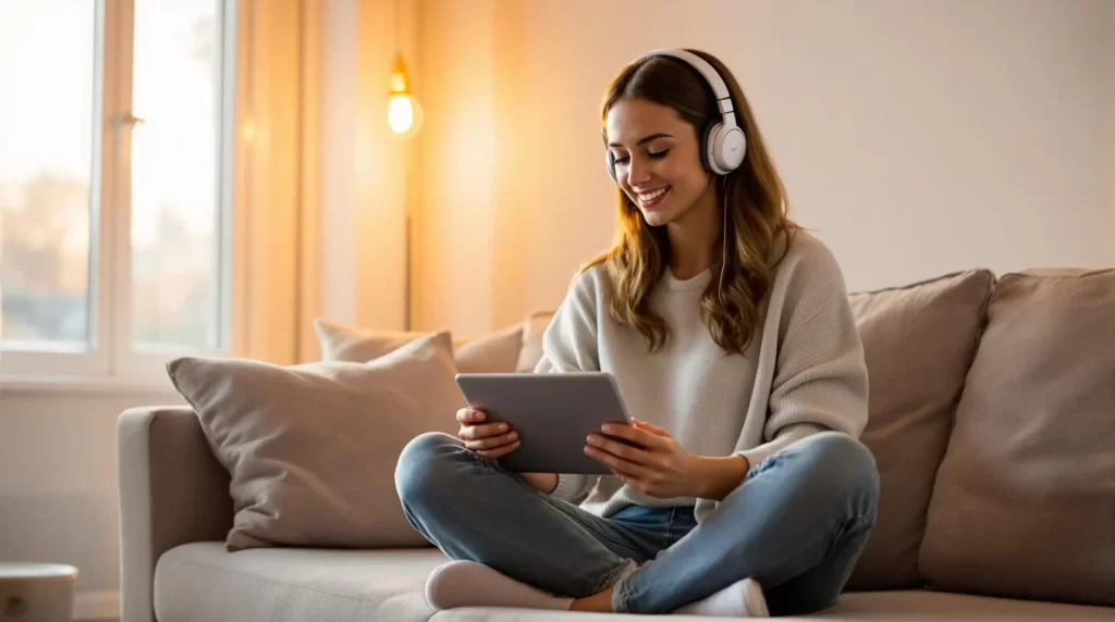 A woman sits cross-legged on a couch, wearing headphones and smiling as she dives into her personalized DJ playlists on a tablet.