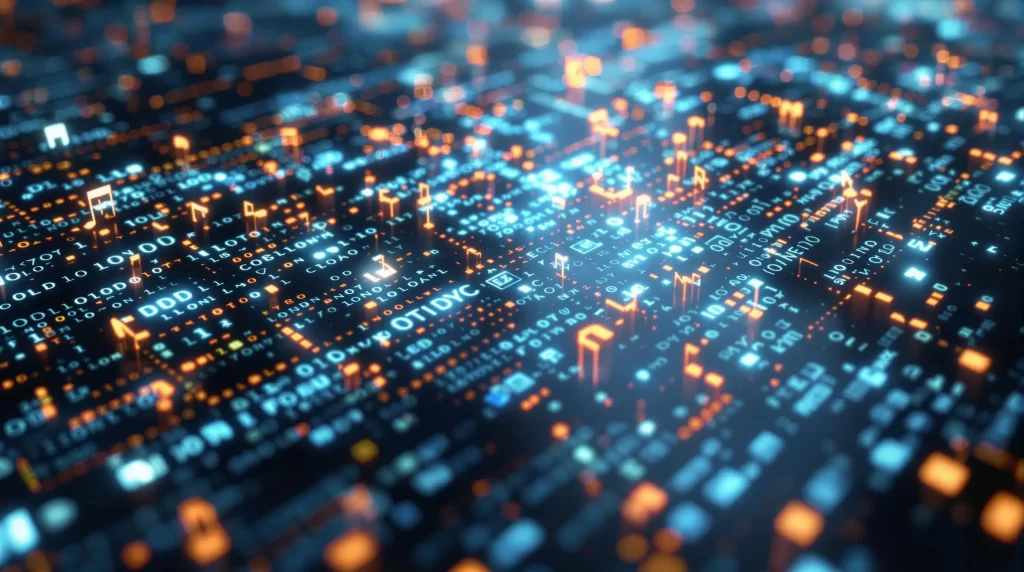 A digital circuit board with glowing blue and orange data patterns and alphanumeric symbols overlayed on a blurred background, seamlessly integrating AI-driven beat matching techniques to create a harmonious visual rhythm.