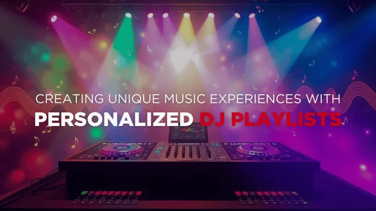 DJ setup with vibrant stage lights and the text: "Crafting Unforgettable Moments with Personalized DJ Playlists.