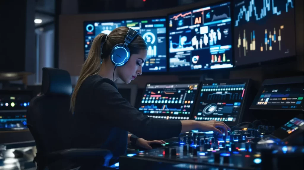 In a room glowing with digital screens displaying data and graphs, a person with headphones expertly operates the control panel, curating personalized DJ playlists.