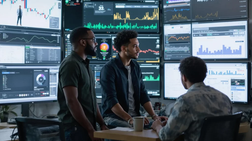 In an office setting, three people discuss strategy in front of large screens displaying financial graphs and data charts, all while enjoying the ambiance created by personalized DJ playlists streaming in the background.