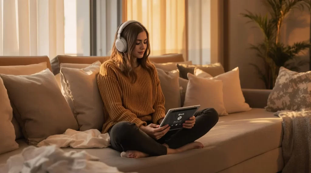 A woman sits cross-legged on a sofa, wearing headphones and looking at a tablet, exploring her personalized DJ playlists amidst warm lighting and cozy cushions.