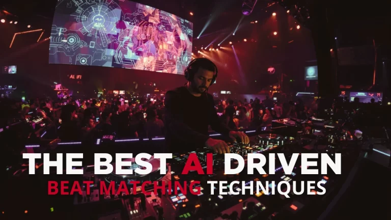 A DJ electrifies the club with a neon-lit backdrop and a large screen showcasing digital graphics. Text reads, "The Best AI-Driven Beat Matching Techniques," highlighting the fusion of technology and music for an unforgettable night.