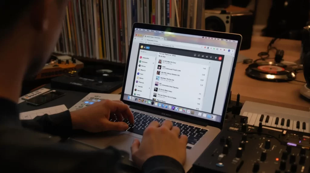 A person is using a laptop with a music playlist displayed on the screen, surrounded by DJ equipment and vinyl records, skillfully incorporating AI-driven beat matching techniques to create seamless transitions.