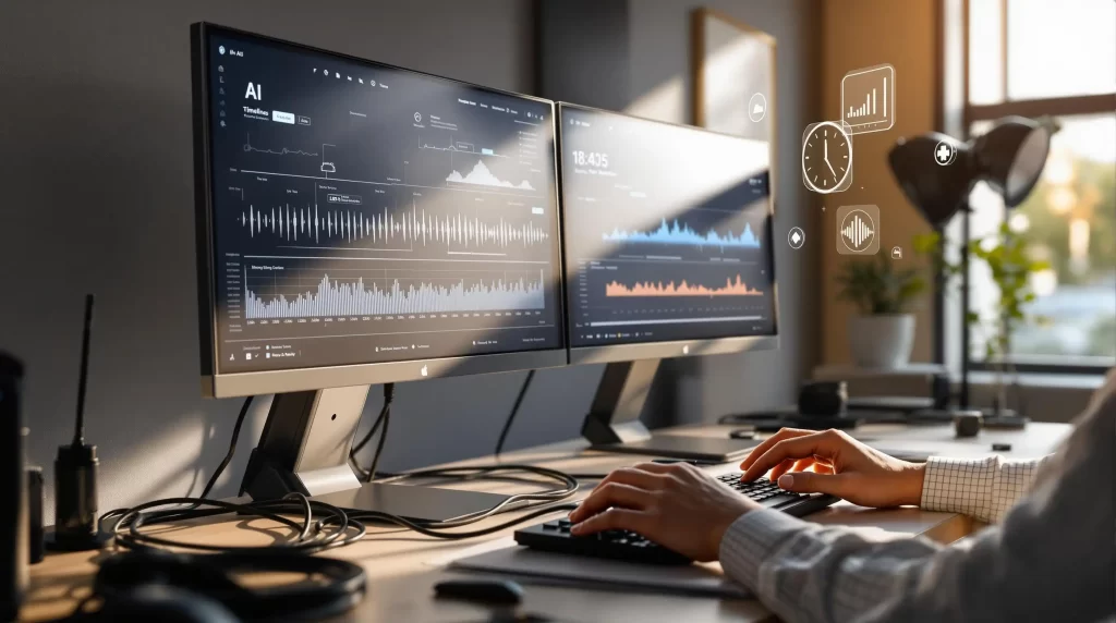 A person is typing on a keyboard in front of dual monitors displaying data graphs and charts, enhanced by AI-driven workflow optimization. Icons of clocks and statistics overlay the scene, creating a rhythm akin to an efficient DJ set in a sunlit office.