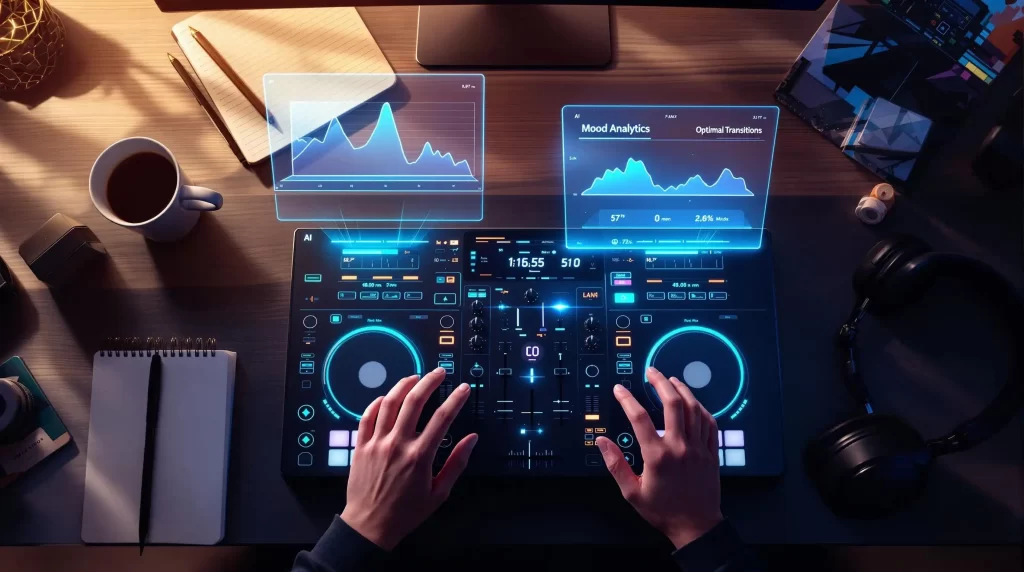 A person engages with a futuristic DJ controller, where AI-driven holographic displays showcase mood analytics for seamless workflow optimization on a wooden desk.