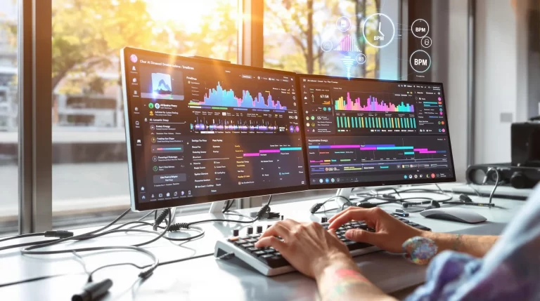 A person is typing on a keyboard in front of two computer monitors displaying colorful data visualizations and graphs, seamlessly integrating AI for workflow optimization, with sunlight streaming through a window in the background.