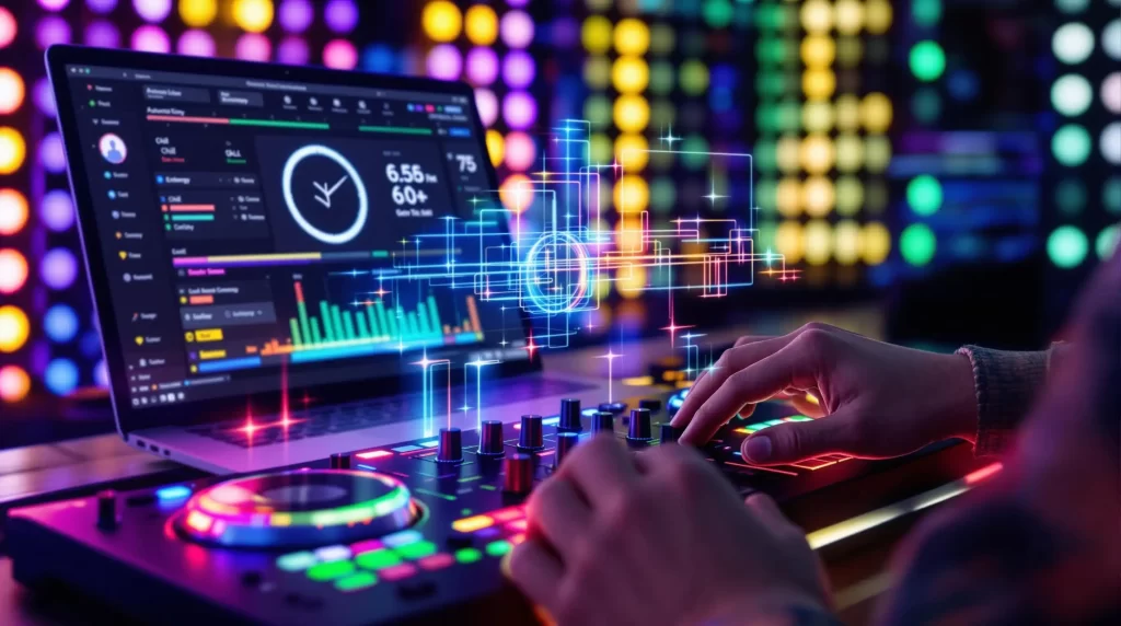 Hands expertly adjust controls on a DJ mixer next to a laptop, where AI-driven workflow optimization displays colorful graphs and data, complemented by abstract digital elements in the background.