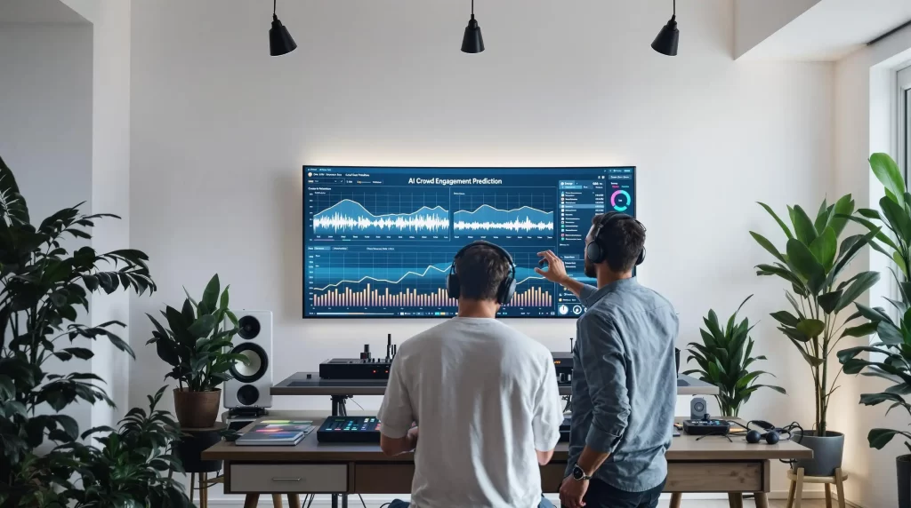 Two people stand in front of a large wall-mounted screen displaying data analytics, using AI to enhance workflow optimization. They are in a modern room with plants and audio equipment, creating an ambiance akin to an AI DJ’s innovative workspace.