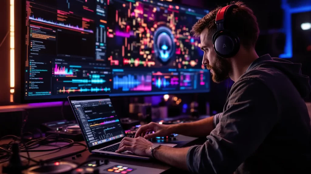 A person wearing headphones works on a laptop in a dimly lit room, surrounded by colorful data and graphs displayed on large screens, mastering skills akin to using the best DJ equipment for beginners in 2025.