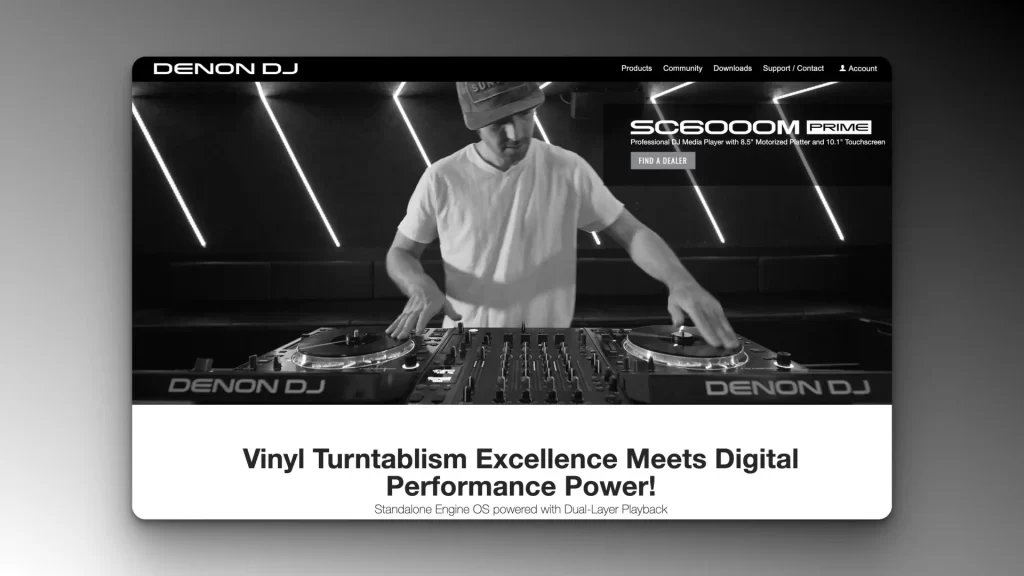 A DJ masterfully uses Denon DJ equipment with vibrant LED lights illuminating the scene. Text reads, "Vinyl Turntablism Excellence Meets Digital Performance Power! Discover the Best DJ Equipment for Beginners in 2025.