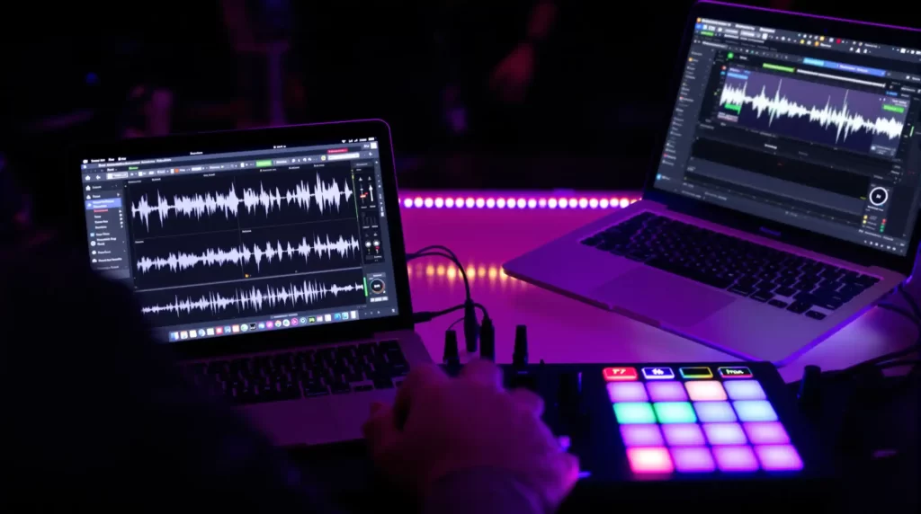 Two laptops display music editing software, showcasing the best DJ equipment for beginners. A DJ controller with colorful pads is in full swing, igniting creativity.