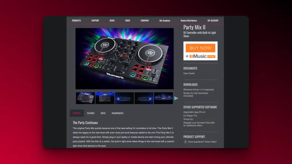 Screenshot of a DJ controller product page showcasing the Numark Party Mix, hailed as some of the best DJ equipment for beginners in 2025. It features an image of the controller, a "BUY NOW" button, and links for downloads and support.