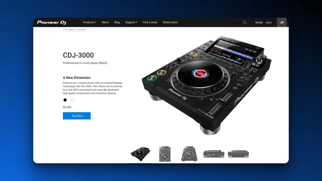 Screenshot of a webpage showcasing the Pioneer DJ CDJ-3000, a professional DJ multi-player hailed as top-tier in 2025's best DJ equipment for beginners. The page features an image, detailed description, and a price of $2,499 with a convenient "Buy Now" button.