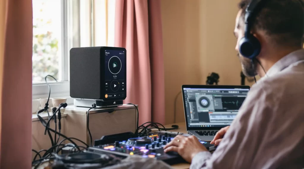 A person skillfully uses the best DJ equipment for beginners in 2025, combining advanced audio tools and DJ software on their laptop near a speaker. The scene is framed by a window draped with pink curtains, creating an inspiring atmosphere for budding DJs.