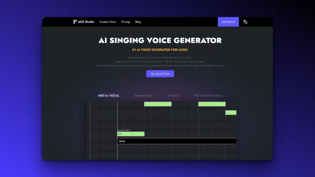 Screenshot of an AI Singing Voice Generator webpage displaying a MIDI to Vocal interface with notes on a grid and a "Get Started Free" button.