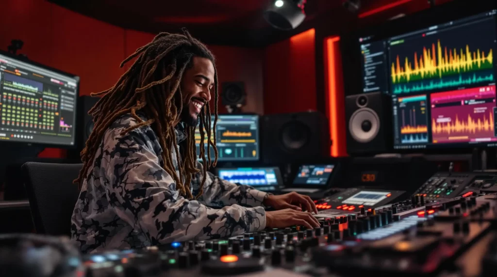 In a dimly lit recording studio, a person with long hair masterfully operates audio equipment, surrounded by multiple screens and speakers, seamlessly integrating AI vocal plugins for DJs.