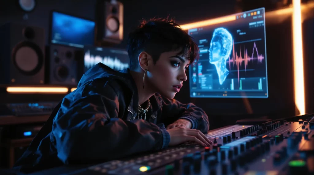 In a dimly lit studio, a person with short hair skillfully operates audio equipment. Monitors display waveforms and a digital brain image, hinting at the use of AI vocal plugins tailored for DJs, seamlessly blending technology with creativity.