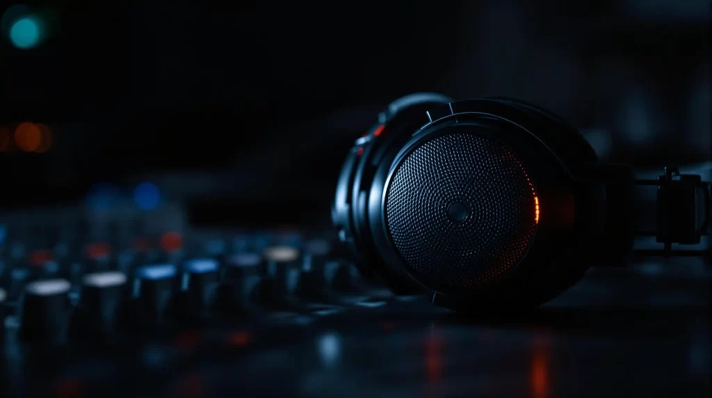 Close-up of headphones resting on a mixing console in a dimly lit setting, with focus on the ear cup. AI vocal plugins for DJs enhance the sound, while blurred control knobs linger in the background.