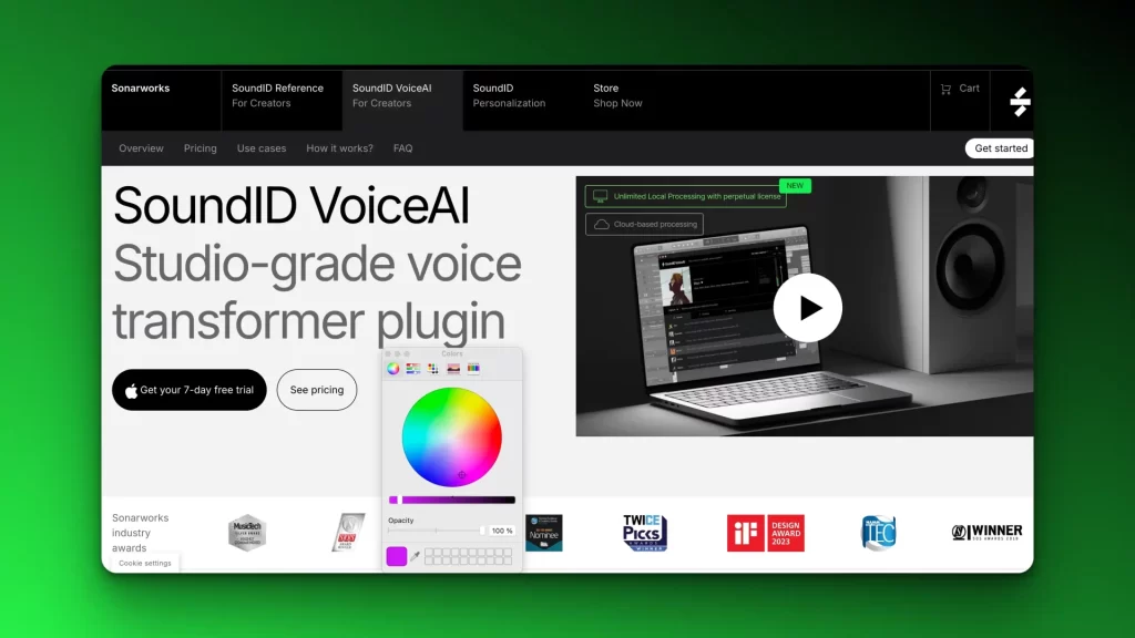 Website homepage showcasing SoundID VoiceAI software with a laptop image, color selection tool, and various awards displayed.