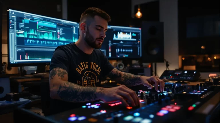 In a dimly lit studio, a man adjusts a sound mixer while computer screens display audio waveforms and ai vocal plugins for DJs, blending technology with creativity.