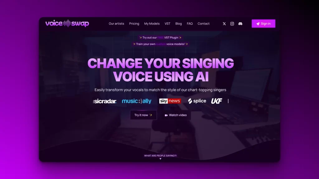 Website homepage for "Voice Swap" with text about changing your singing voice using AI. Featured logos include Sidecraft, Music Ally, Sky News, BBC News, Splice, and UKF.